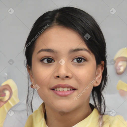 Joyful asian young-adult female with medium  black hair and brown eyes