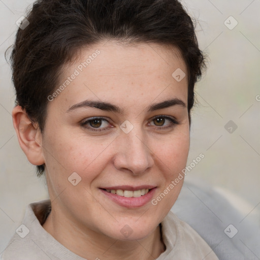 Joyful white young-adult female with medium  brown hair and brown eyes