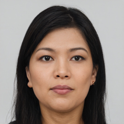 Neutral asian young-adult female with long  black hair and brown eyes