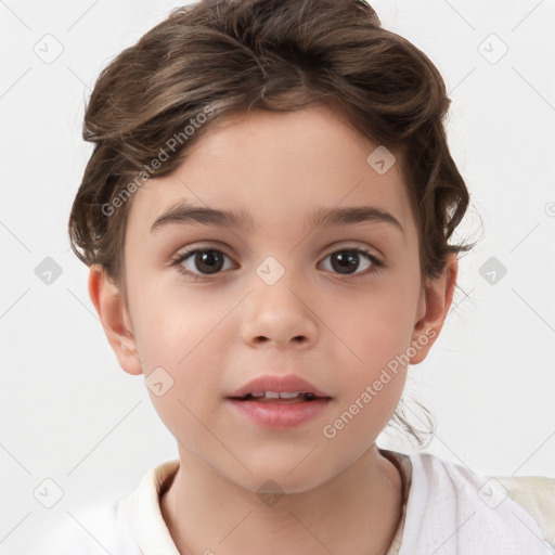 Joyful white child female with short  brown hair and brown eyes