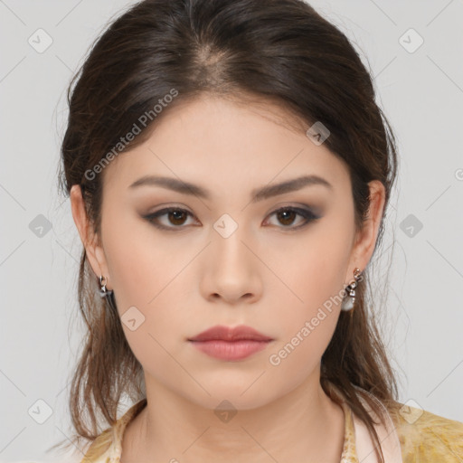 Neutral asian young-adult female with medium  brown hair and brown eyes