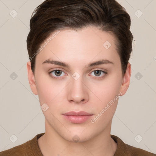 Neutral white young-adult female with short  brown hair and brown eyes