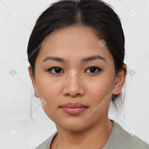 Neutral asian young-adult female with medium  brown hair and brown eyes