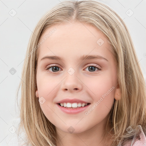 Joyful white child female with medium  brown hair and blue eyes