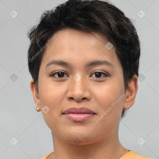 Joyful asian young-adult female with short  brown hair and brown eyes