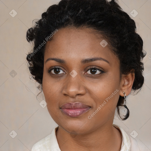 Joyful black young-adult female with medium  black hair and brown eyes