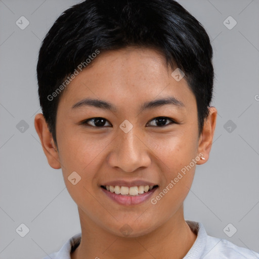 Joyful asian young-adult female with short  brown hair and brown eyes