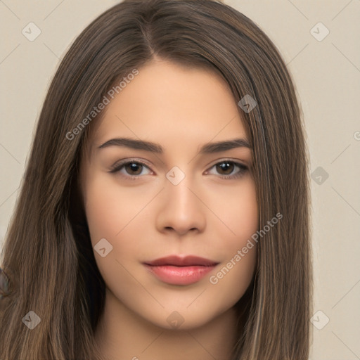 Neutral white young-adult female with long  brown hair and brown eyes