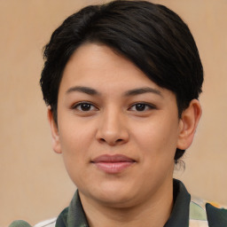 Joyful asian young-adult female with short  black hair and brown eyes