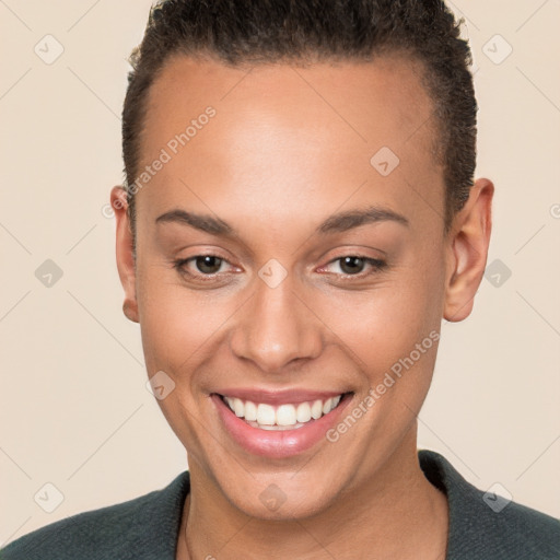 Joyful white young-adult female with short  brown hair and brown eyes