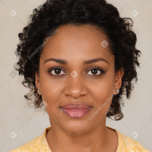 Joyful black young-adult female with medium  brown hair and brown eyes