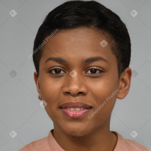 Joyful black young-adult female with short  brown hair and brown eyes