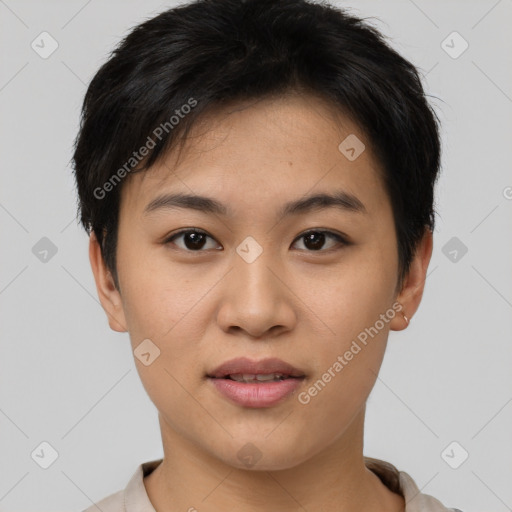 Joyful asian young-adult female with short  black hair and brown eyes