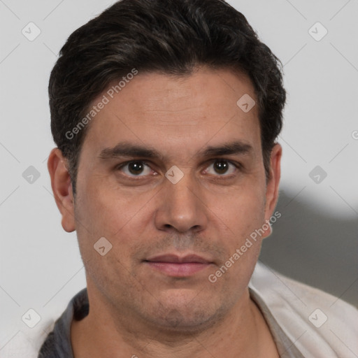 Neutral white adult male with short  brown hair and brown eyes