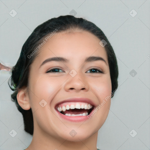 Joyful white young-adult female with medium  black hair and brown eyes