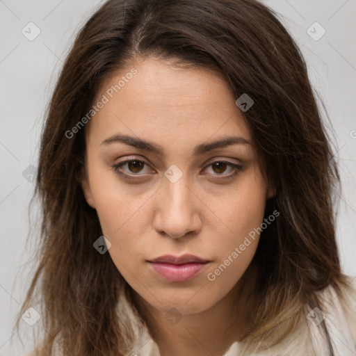 Neutral white young-adult female with long  brown hair and brown eyes