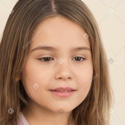 Joyful white child female with long  brown hair and brown eyes