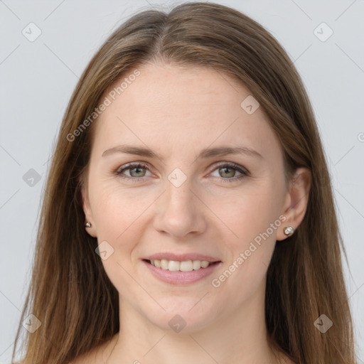 Joyful white young-adult female with long  brown hair and grey eyes