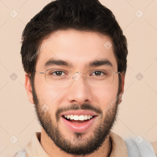 Joyful white young-adult male with short  black hair and brown eyes