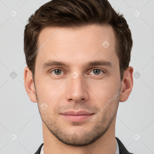 Neutral white young-adult male with short  brown hair and grey eyes