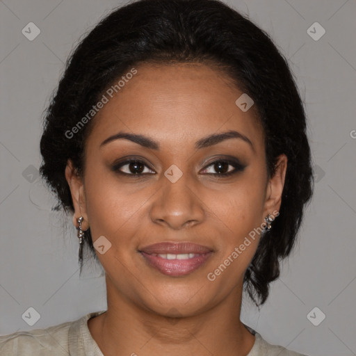 Joyful black young-adult female with medium  brown hair and brown eyes