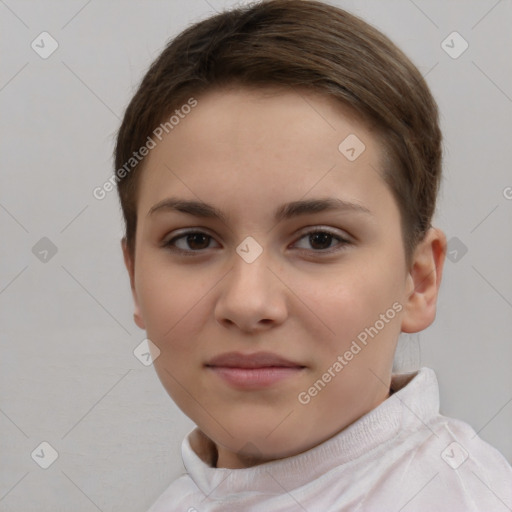 Neutral white young-adult female with short  brown hair and brown eyes