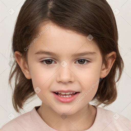 Joyful white child female with medium  brown hair and brown eyes