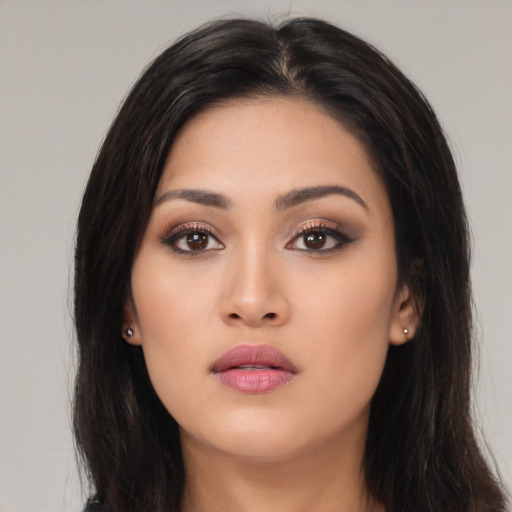 Neutral asian young-adult female with long  black hair and brown eyes
