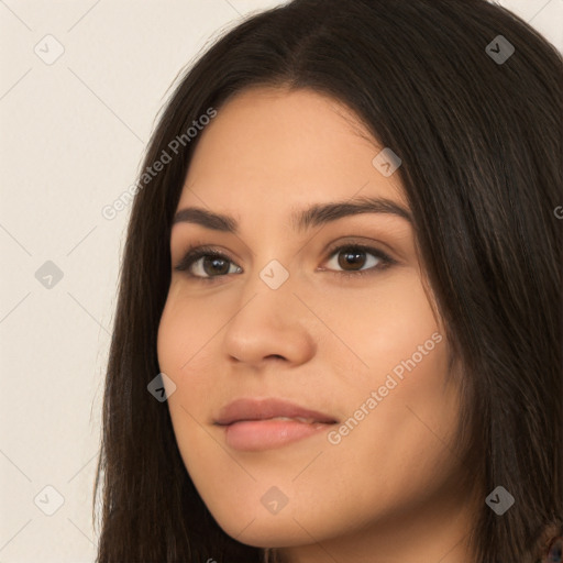 Neutral white young-adult female with long  brown hair and brown eyes