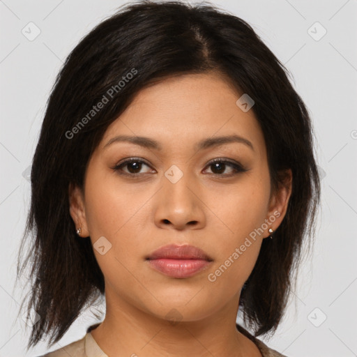 Neutral asian young-adult female with medium  brown hair and brown eyes