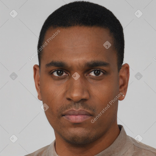 Neutral black young-adult male with short  black hair and brown eyes