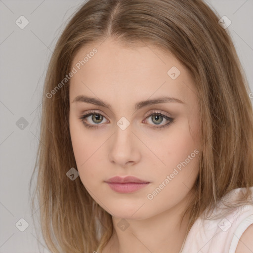 Neutral white young-adult female with long  brown hair and brown eyes