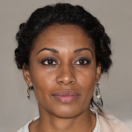 Neutral black adult female with short  brown hair and brown eyes
