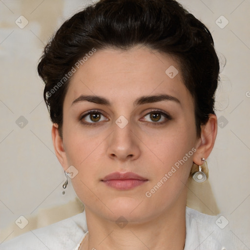 Neutral white young-adult female with short  brown hair and brown eyes