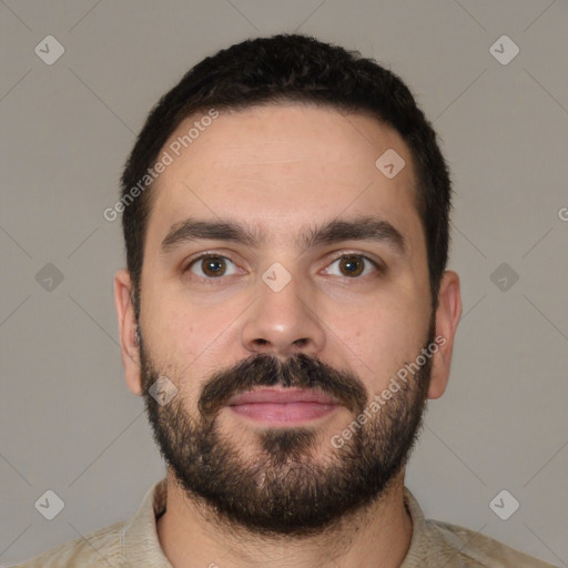 Neutral white young-adult male with short  brown hair and brown eyes