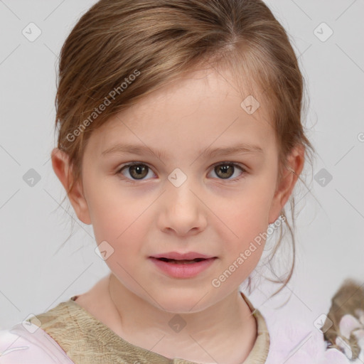 Joyful white child female with medium  brown hair and brown eyes