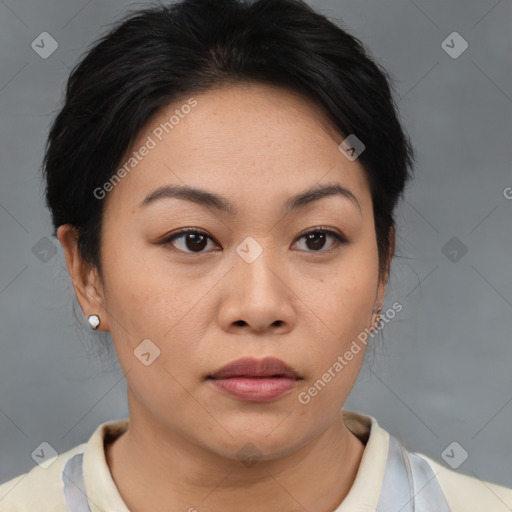 Neutral asian young-adult female with short  brown hair and brown eyes