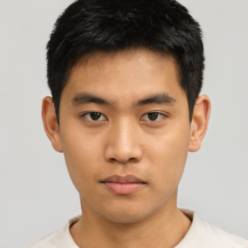 Neutral asian young-adult male with short  black hair and brown eyes