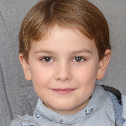 Joyful white child female with short  brown hair and brown eyes