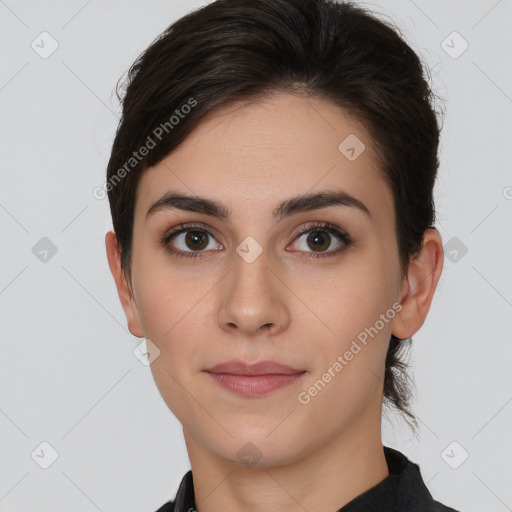 Neutral white young-adult female with short  brown hair and brown eyes