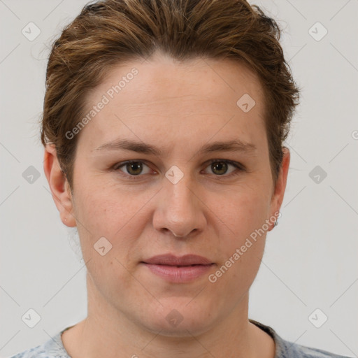 Joyful white young-adult female with short  brown hair and grey eyes