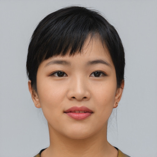 Neutral asian young-adult female with short  black hair and brown eyes