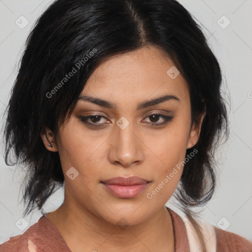 Joyful latino young-adult female with medium  black hair and brown eyes