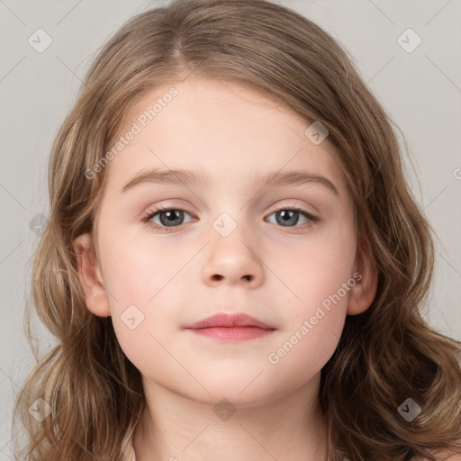 Neutral white child female with medium  brown hair and grey eyes