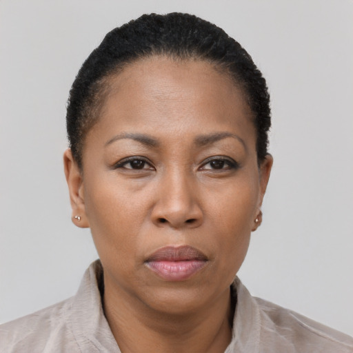 Neutral black adult female with short  brown hair and brown eyes
