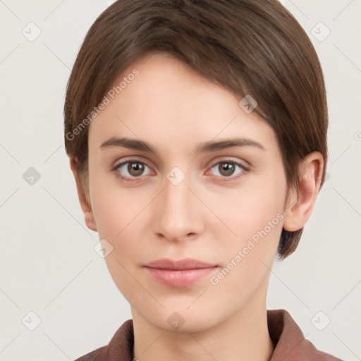 Neutral white young-adult female with short  brown hair and brown eyes