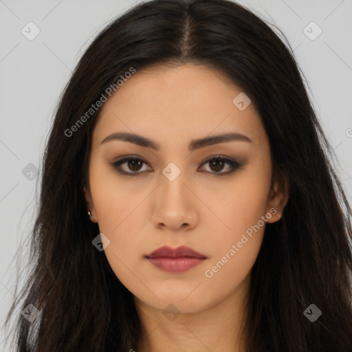 Neutral latino young-adult female with long  brown hair and brown eyes