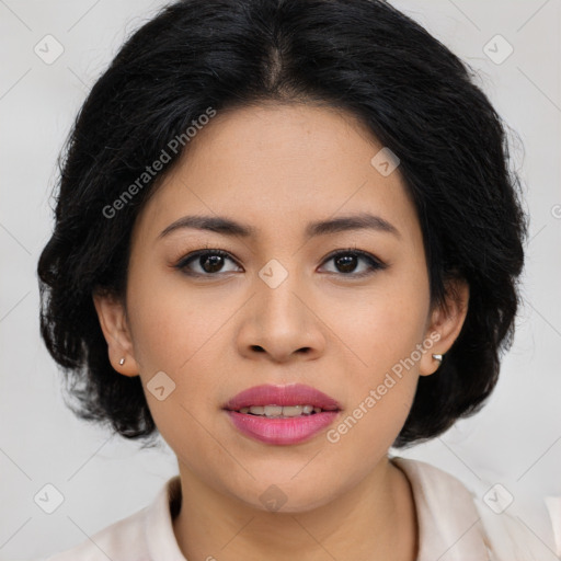 Joyful asian young-adult female with medium  black hair and brown eyes