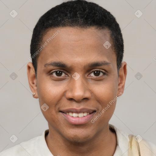 Joyful black young-adult male with short  black hair and brown eyes