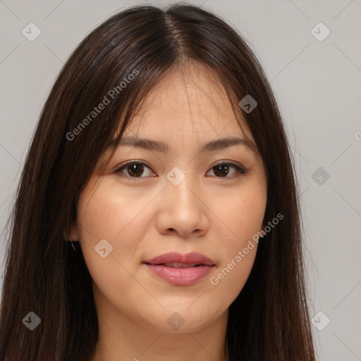 Joyful white young-adult female with long  brown hair and brown eyes